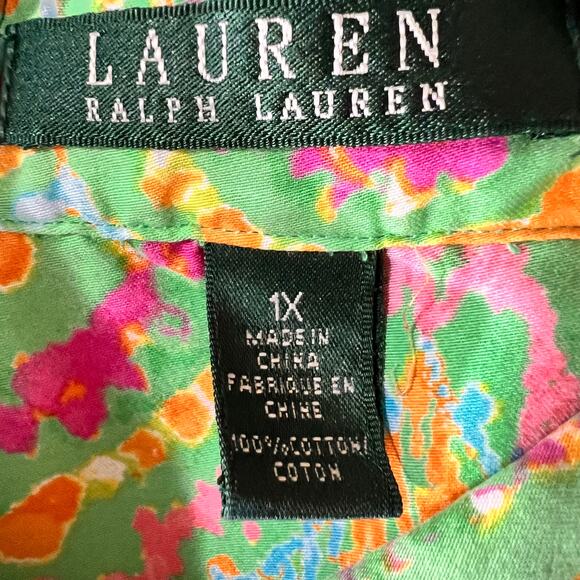 Lauren Ralph Lauren Button Down Shirt Boho Paisley Green Cotton 1X - Picture 9 of 11
